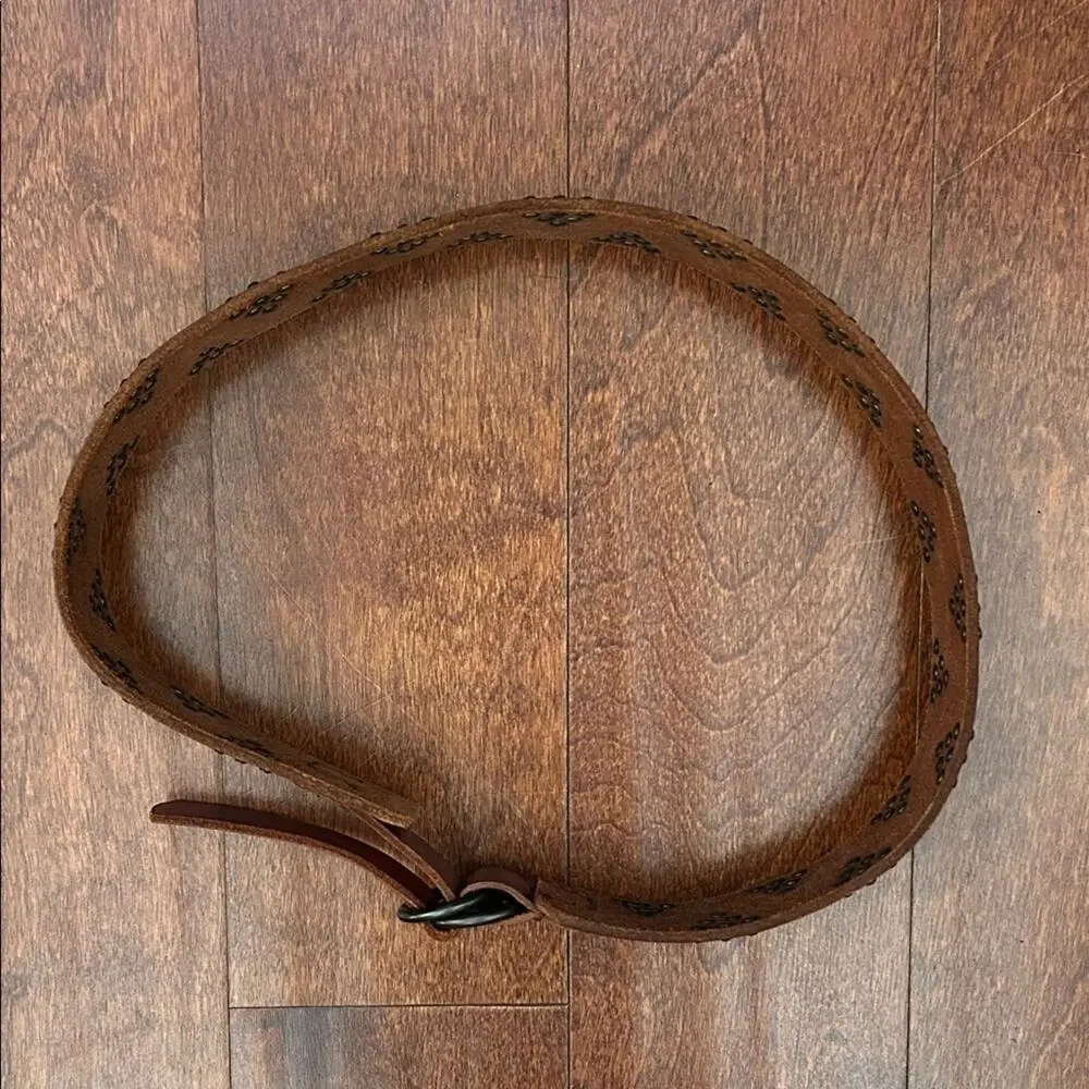 Western Boho Thick Brown Leather Belt with Stud Accents, D Ring Closure